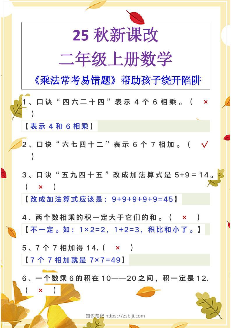 【2025秋新版】二年级上册数学《乘法常考易错题》-知识笔记