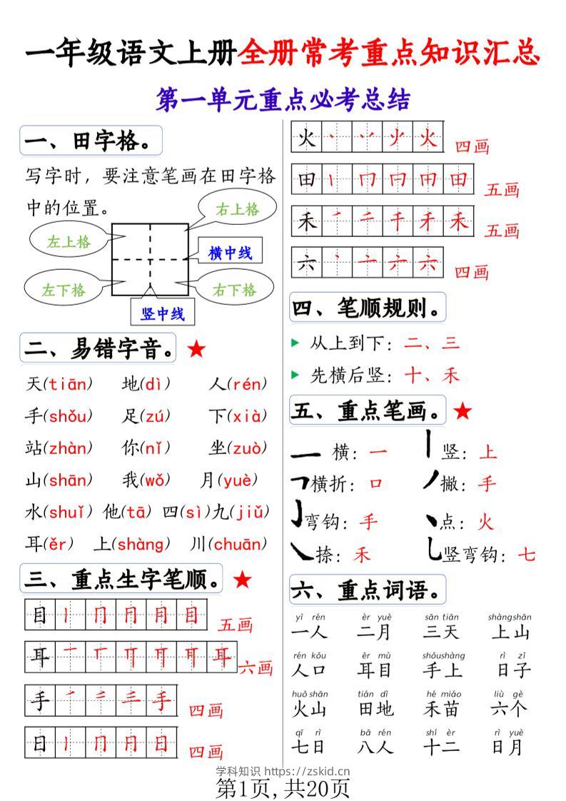 一上语文全册1-8单元常考重点知识汇总20页-知识笔记