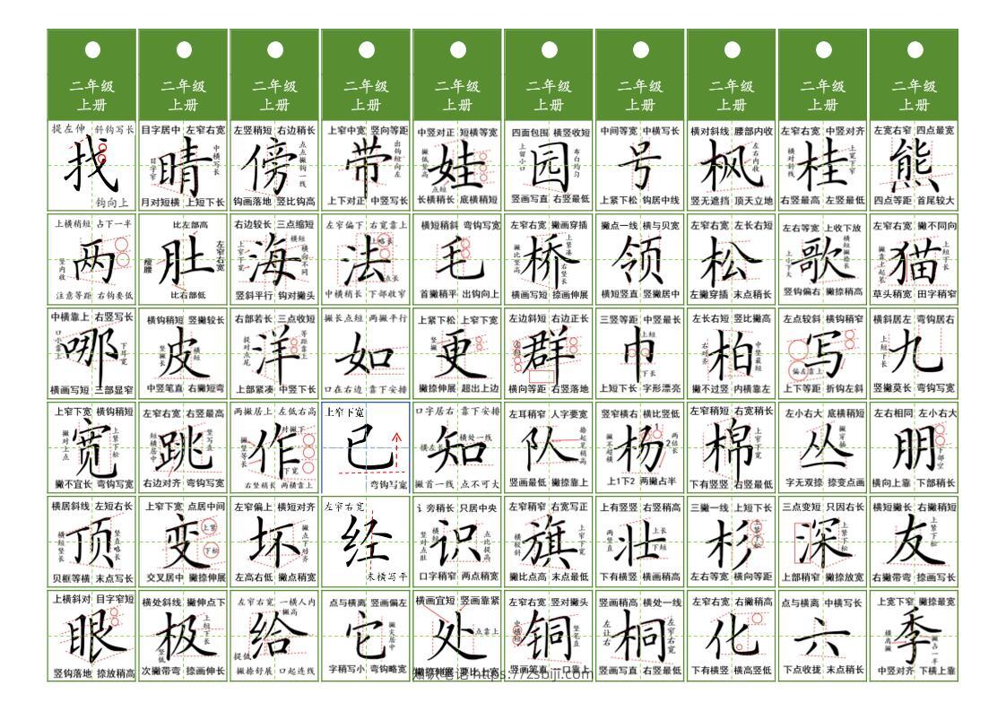 二年级上语文同步精讲字卡（共10页）-知识笔记