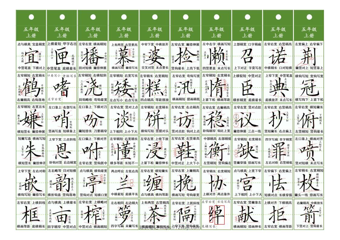 五年级上语文同步精讲字卡（共7页）-知识笔记