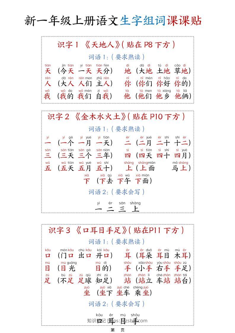 新一上语文生字组词课课贴15页-知识笔记
