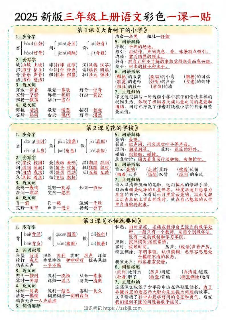【25秋新版】三年级上语文彩色一课一贴-知识笔记