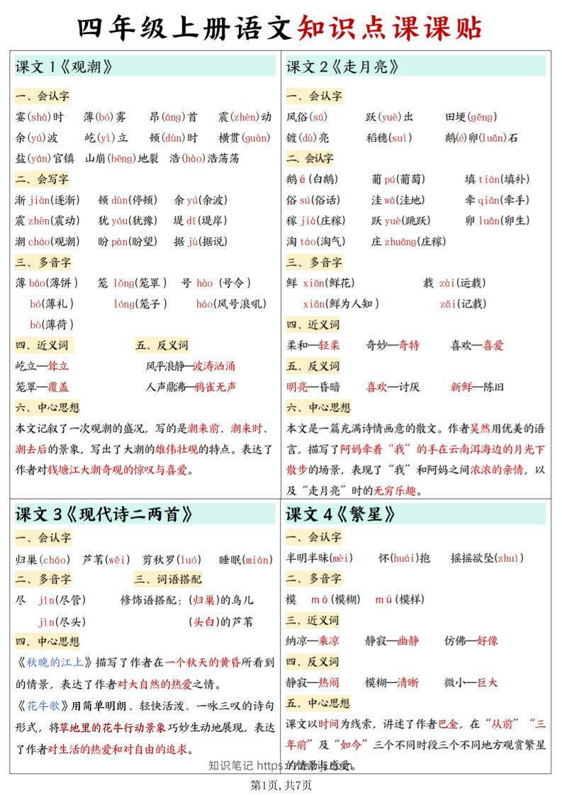 四上语文知识点课课贴7页-知识笔记