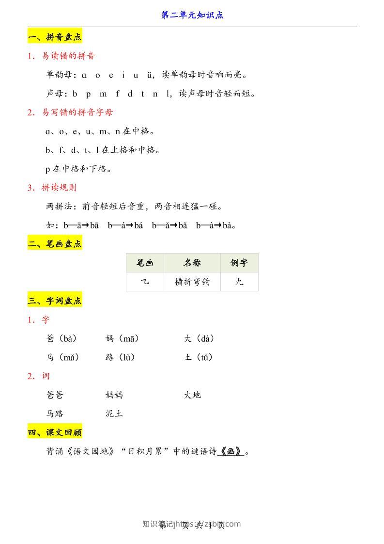 第2单元（知识点）一上语文-知识笔记