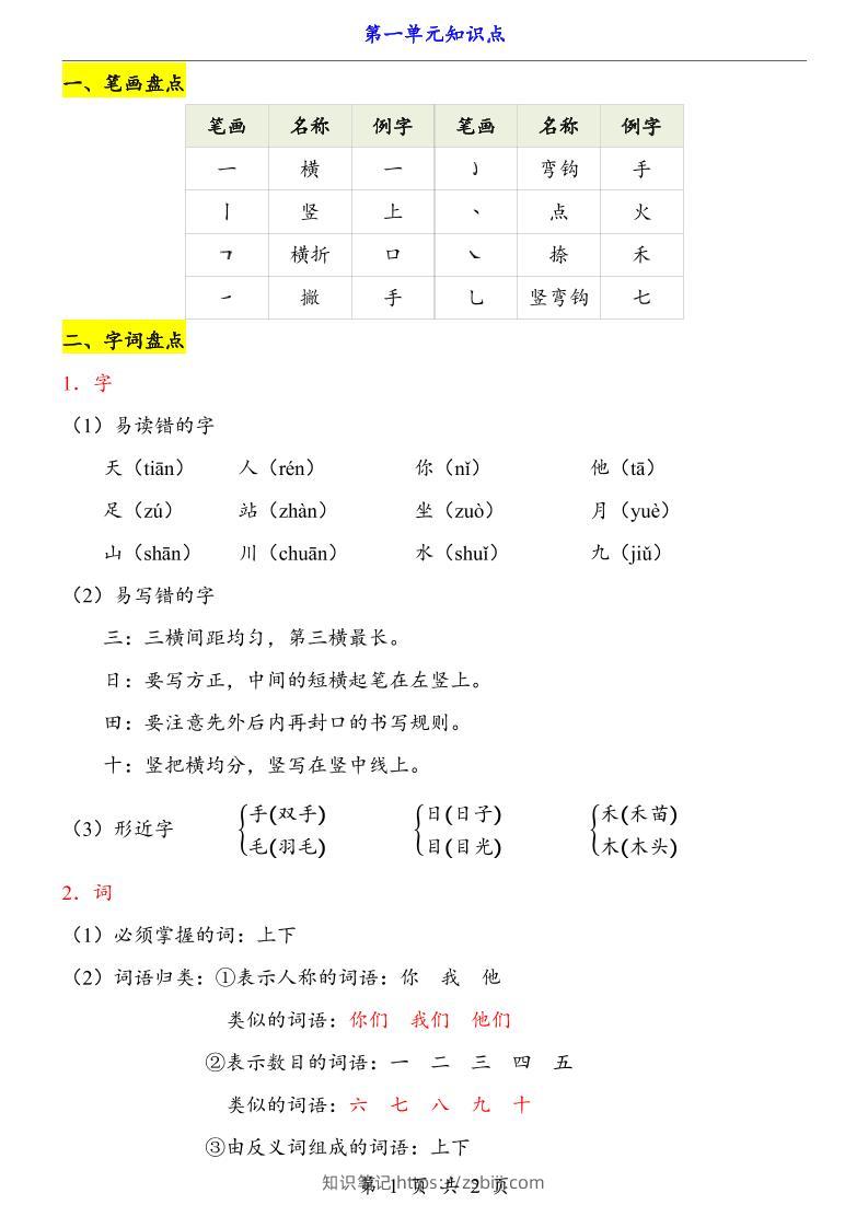 第1单元（知识点）一上语文-知识笔记