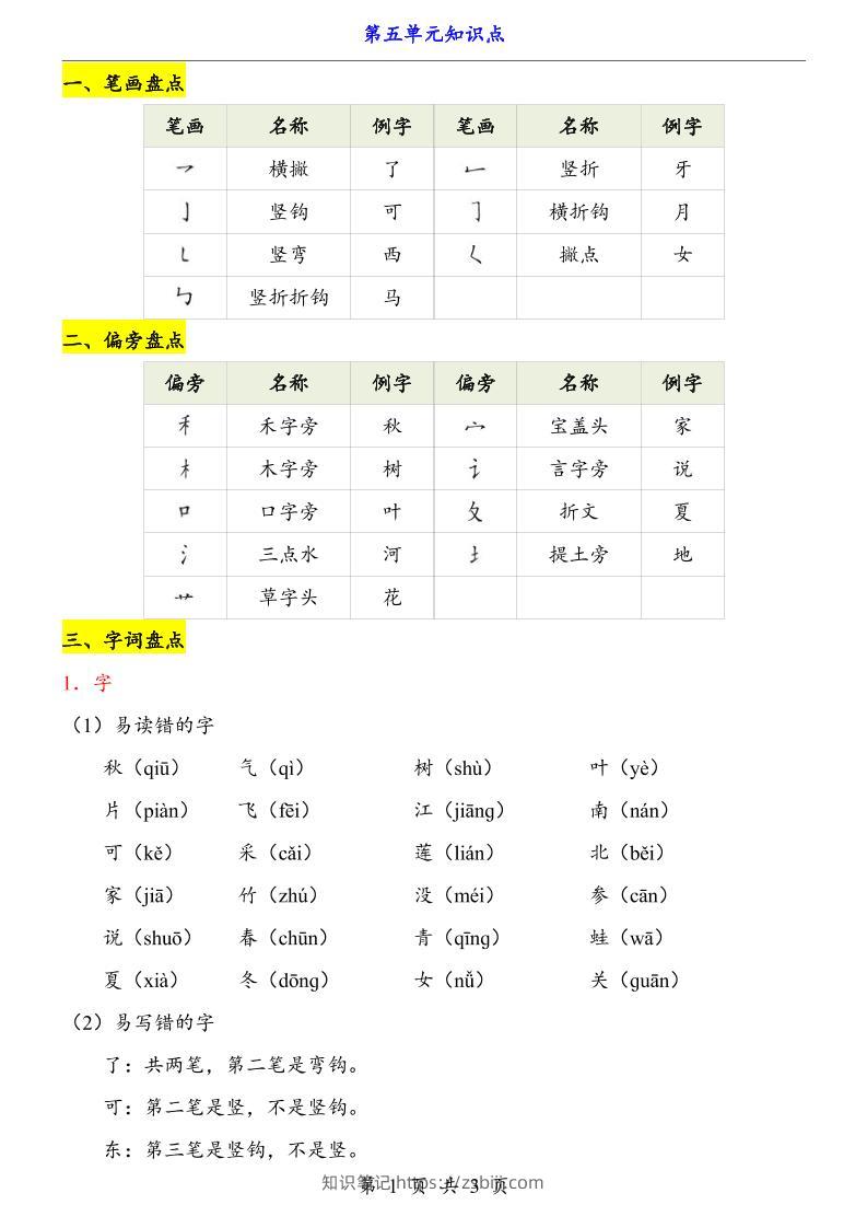 第5单元（知识点）一上语文-知识笔记