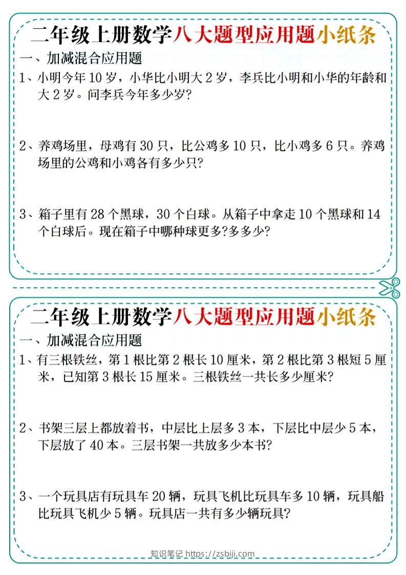 二年级上数学八大题型应用题小纸条-知识笔记