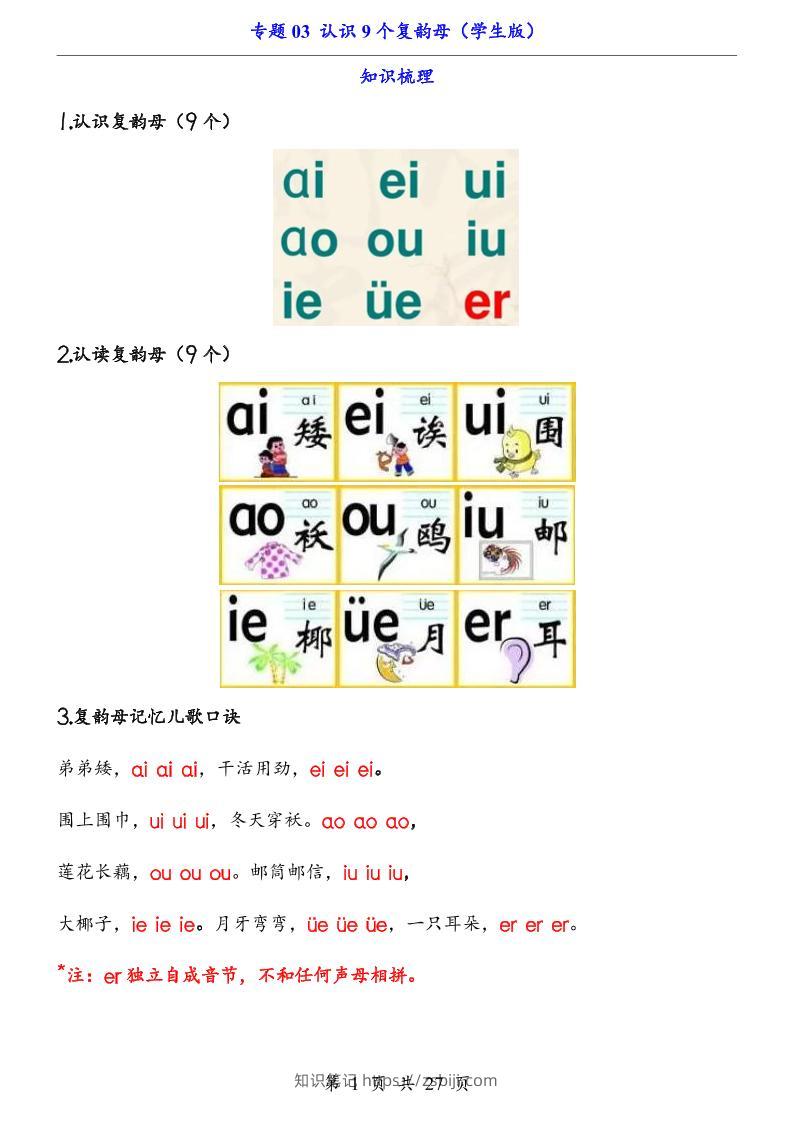 一上语文-专题03认识9个复韵母（知识+训练）-知识笔记