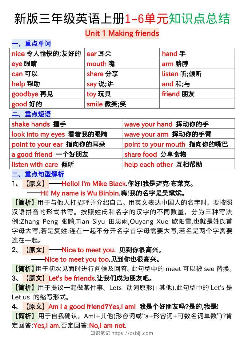 新版三年级英语上册1-6单元知识点总结-知识笔记