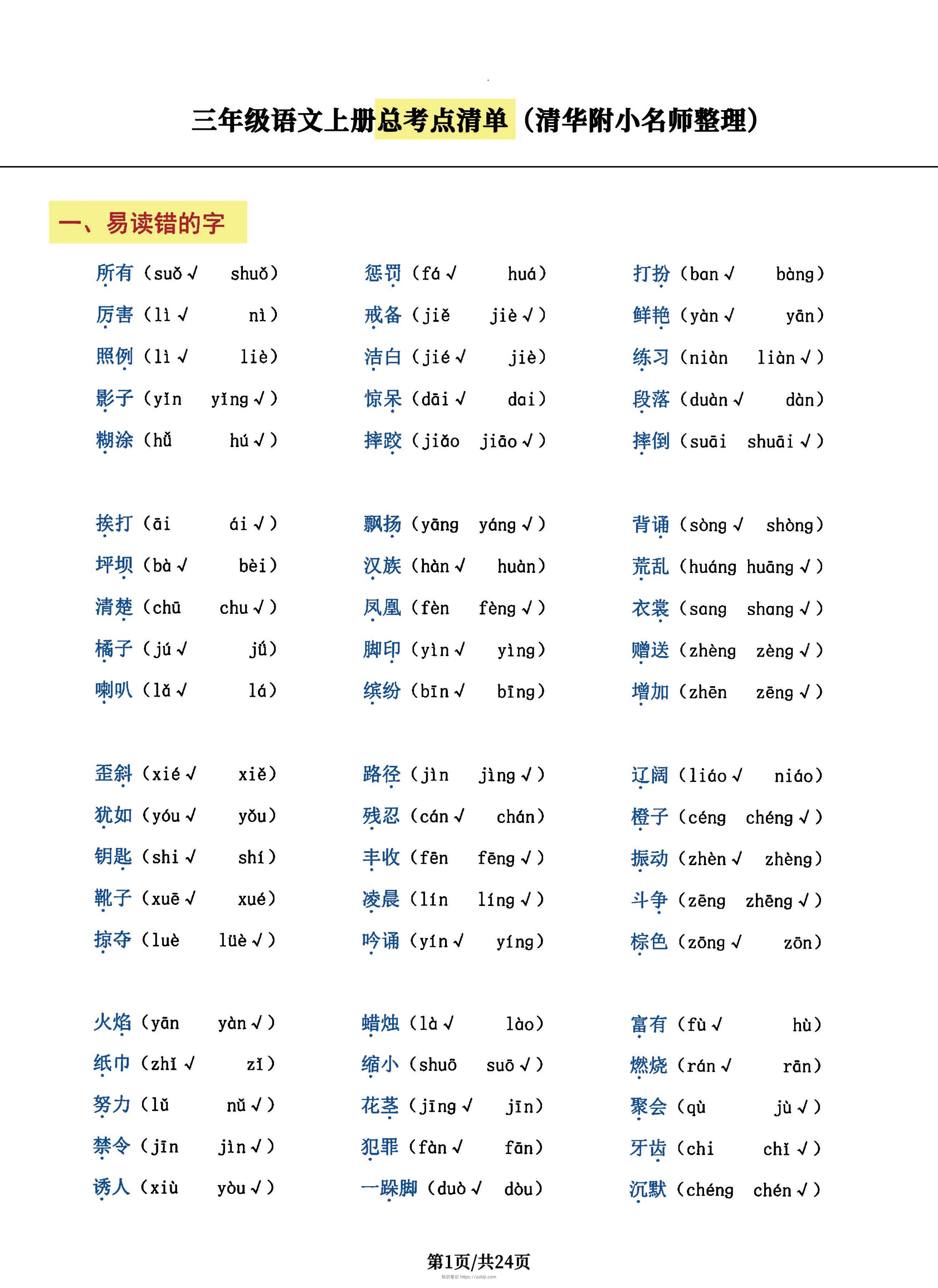 三年级语文上册总考点清单，史上超全24页！-知识笔记