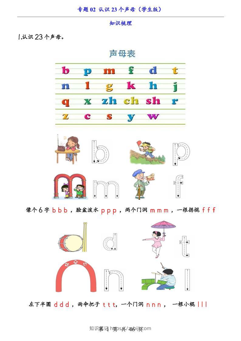 一上语文-专题02认识23个声母（知识+训练）-知识笔记