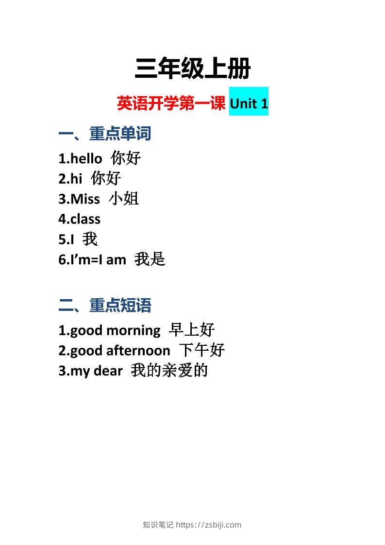 三上英语-开学第一课：Unit1课堂重点-知识笔记