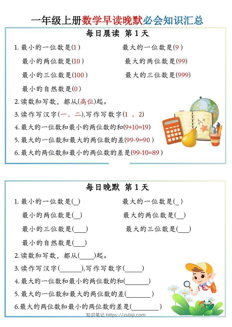 一上数学早读晚默小纸条-知识笔记