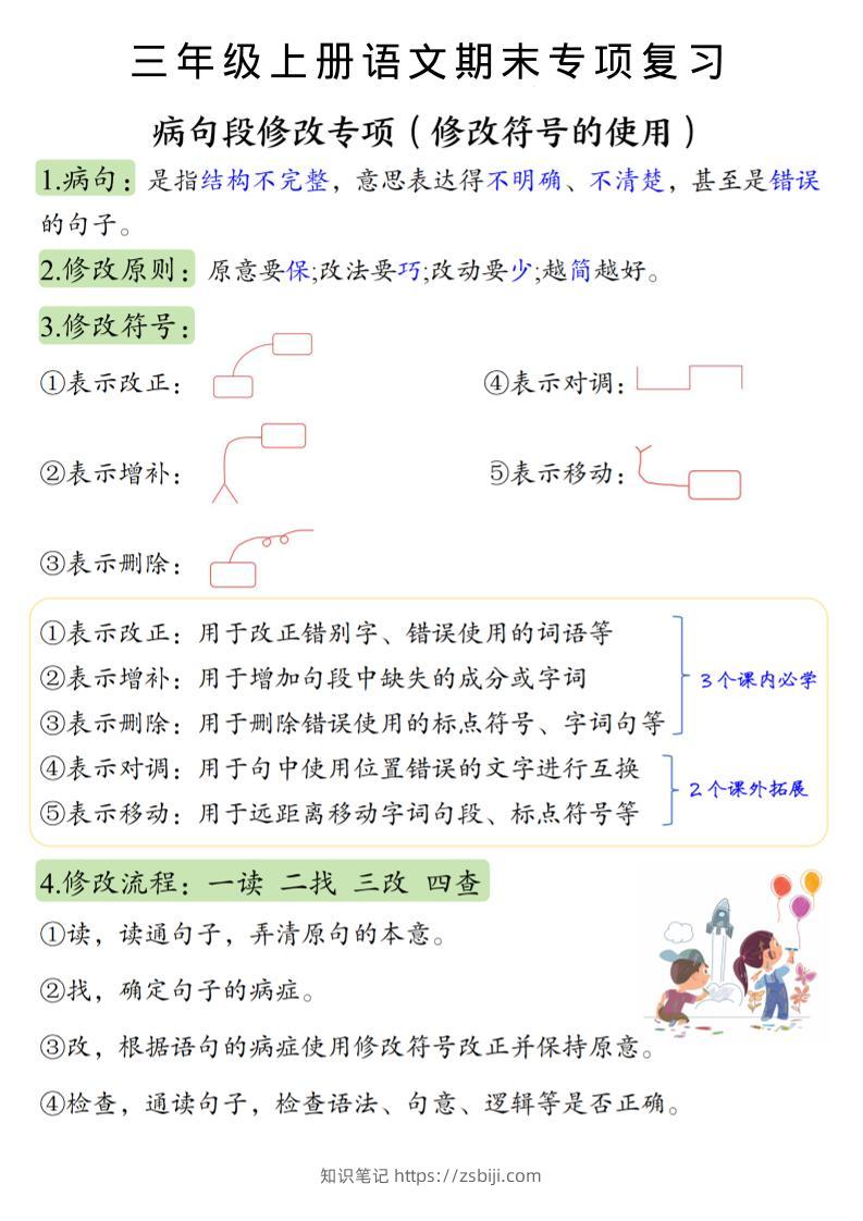 三上语文必考重点病句段修改符号方法及练习-知识笔记