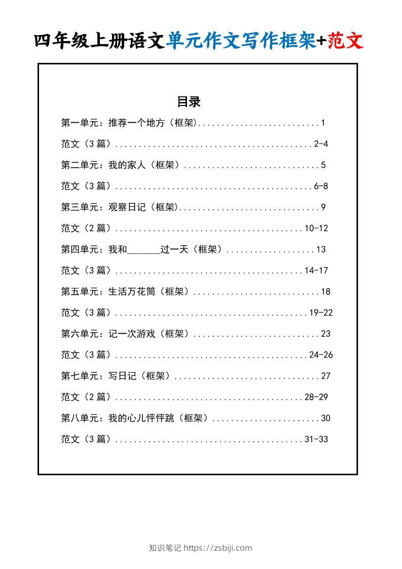 四上语文1-8单元作文写作框架+范文34页-知识笔记