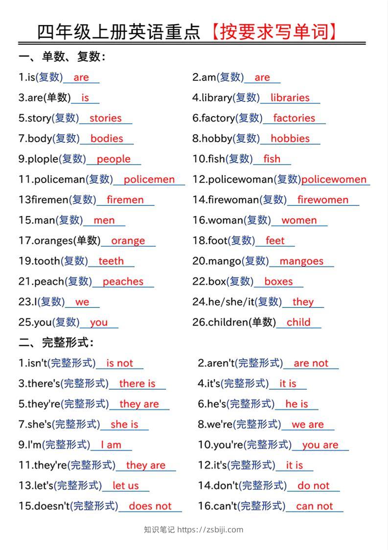 四年级上人教PEP版英语重点按要求写单词（答案）-知识笔记