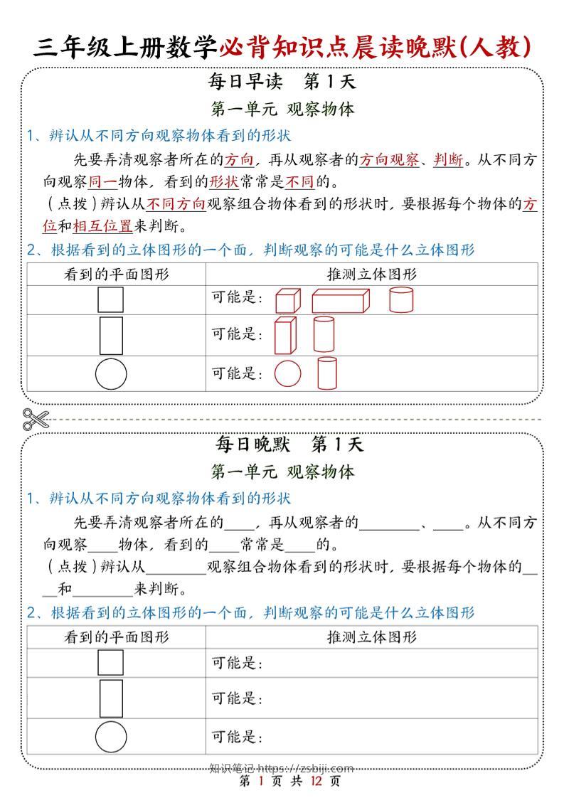 25新三上数学必背知识点晨读晚默（人教版）12页-知识笔记