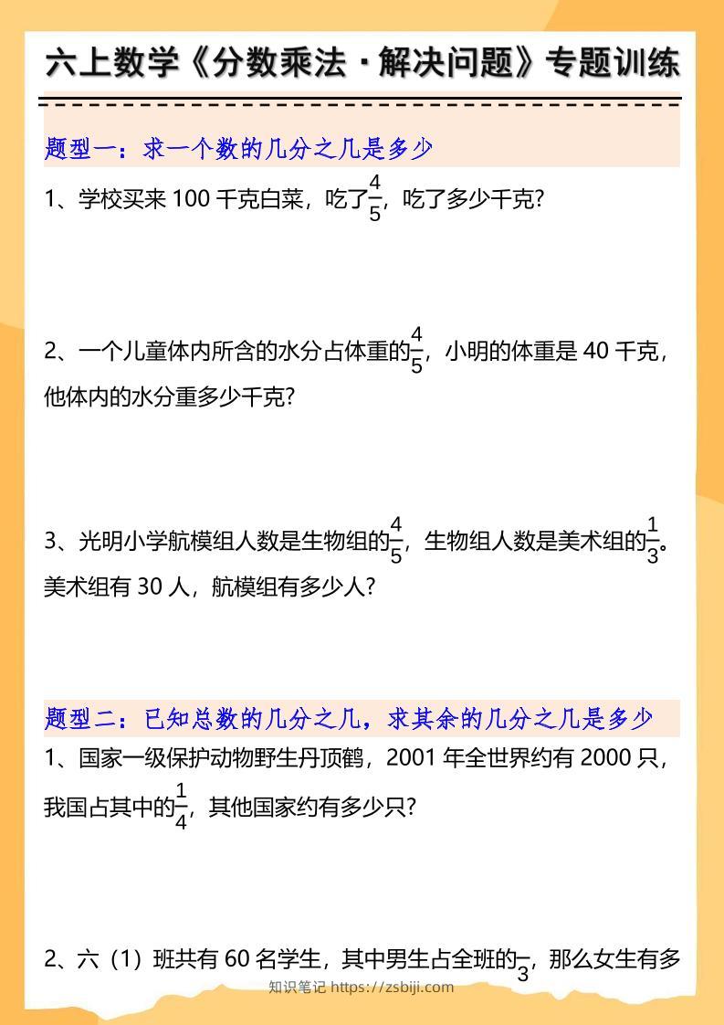 六上数学分数乘法解决问题专项训练（空白+答案10页）-知识笔记