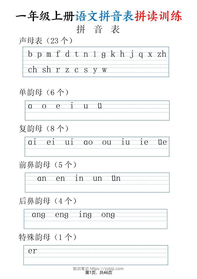 一年级上册语文拼音表拼读训练（全46页）-知识笔记