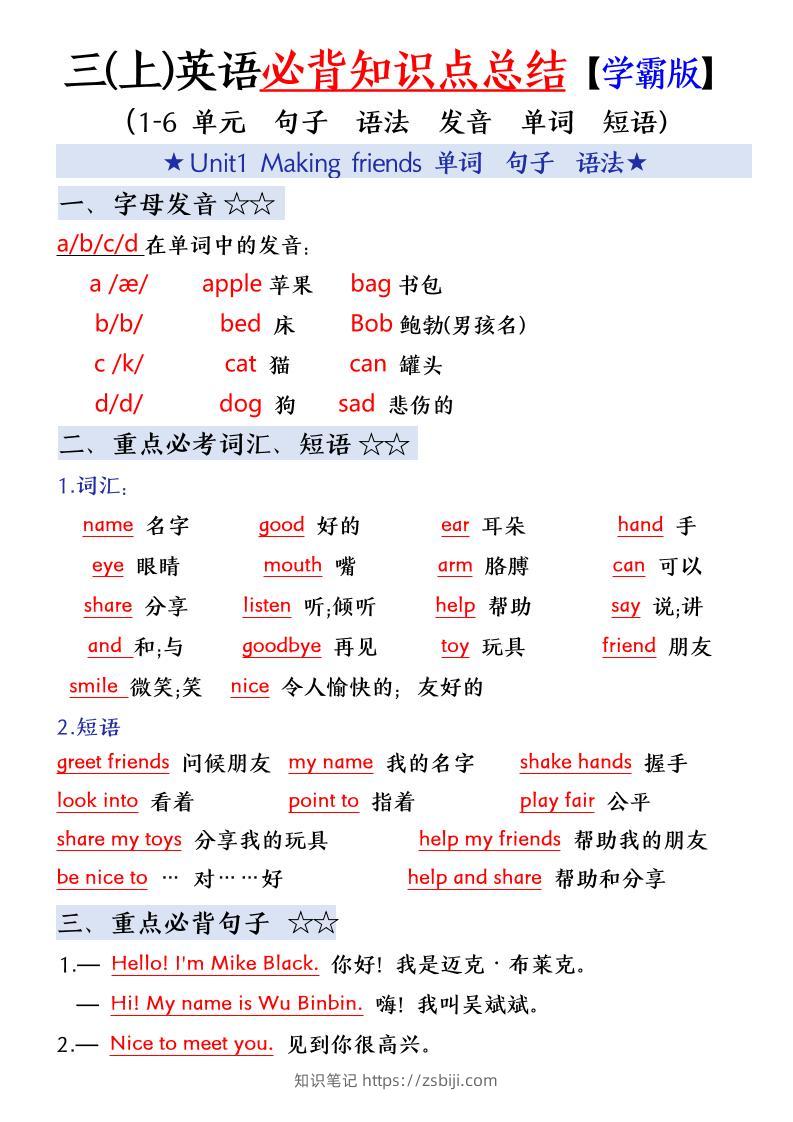 三上英语（人教版）必备知识点单词+短语+句型+语法学霸版-知识笔记