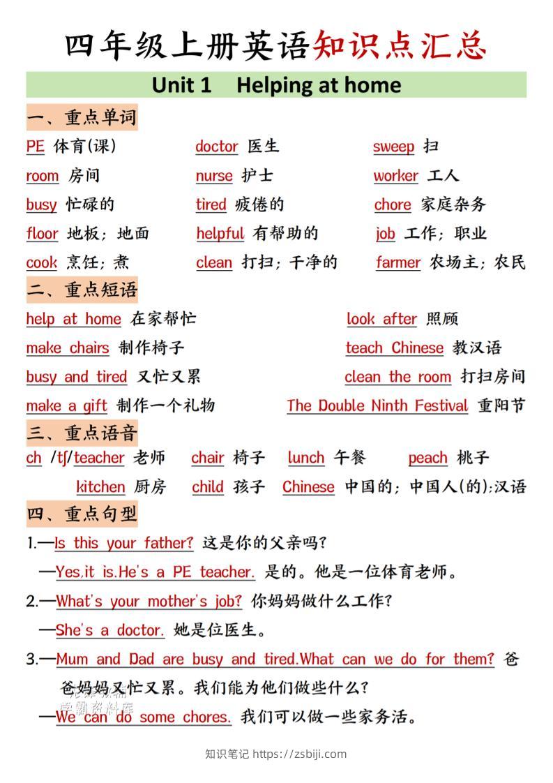 四年级上人教PEP版英语知识点汇总-知识笔记