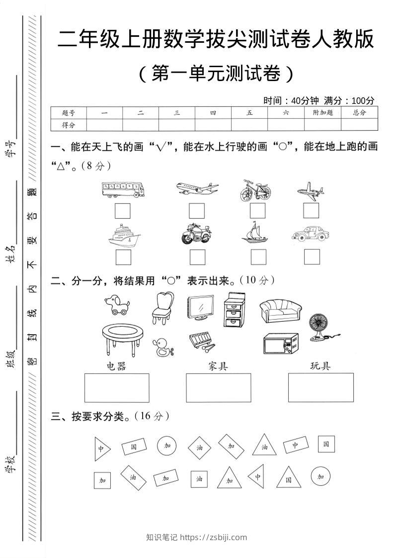 二年级上人教版数学第一单元拔尖测试卷-大巴-知识笔记