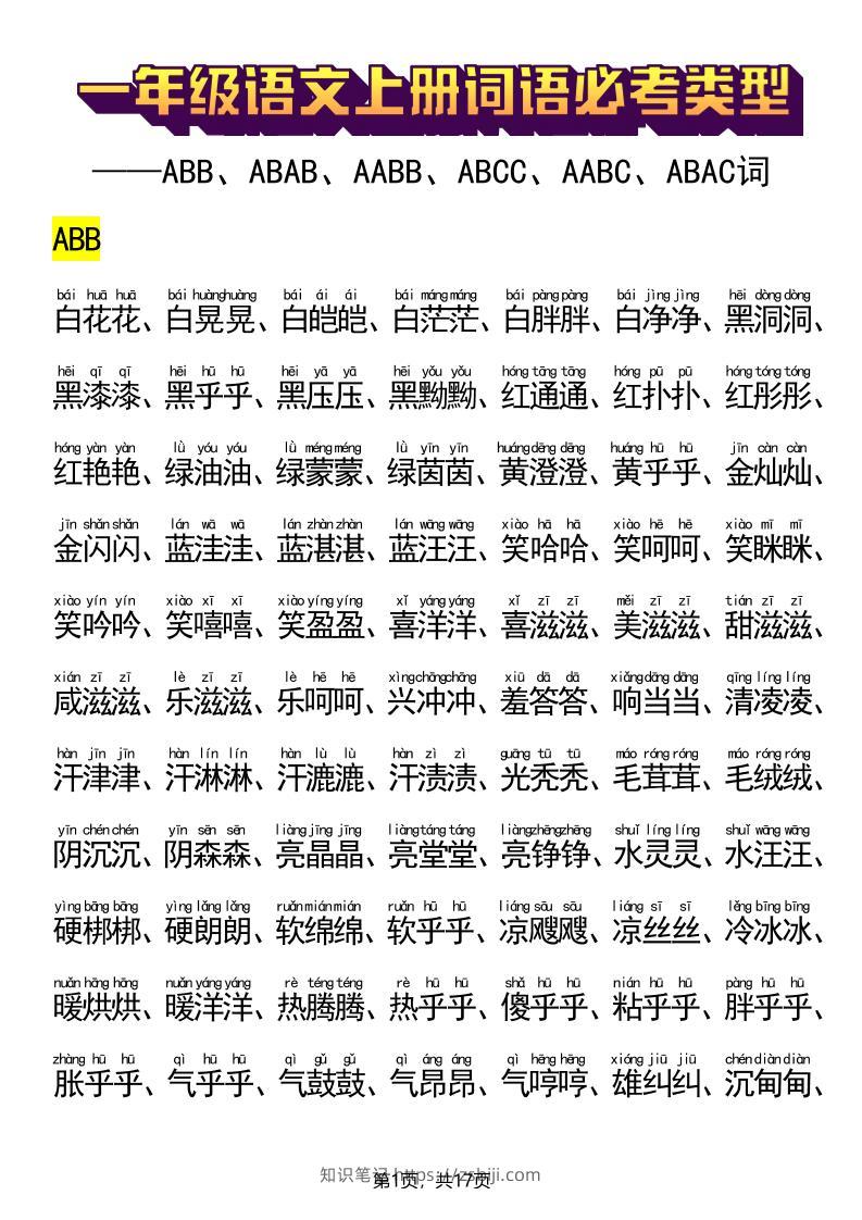 新一上语文词语必考类型(ABB、ABAB、AABB、ABCC、AABC、ABAC、ABCB类词语)17页-知识笔记