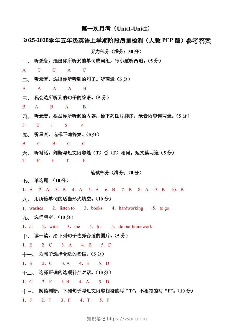 五上人教pep英语第一次月考（Unit1-Unit2）（参考答案）-知识笔记