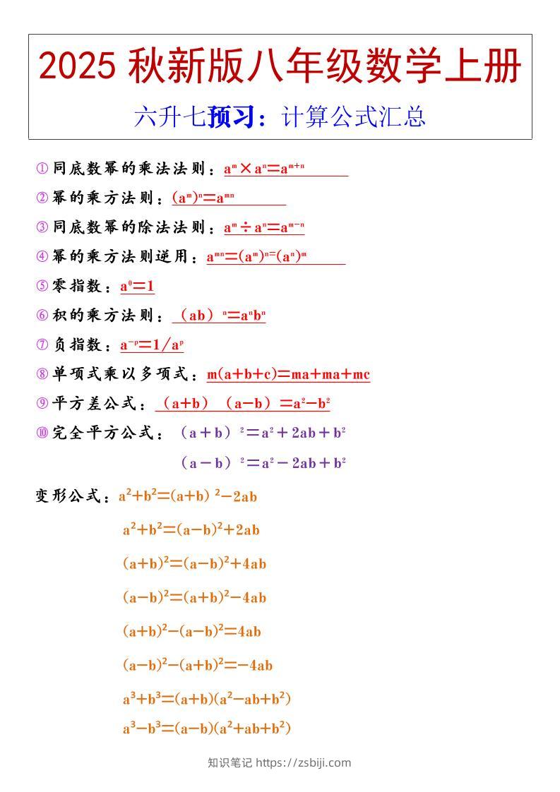【2025秋新版】八年级上册数学计算公式汇总-知识笔记