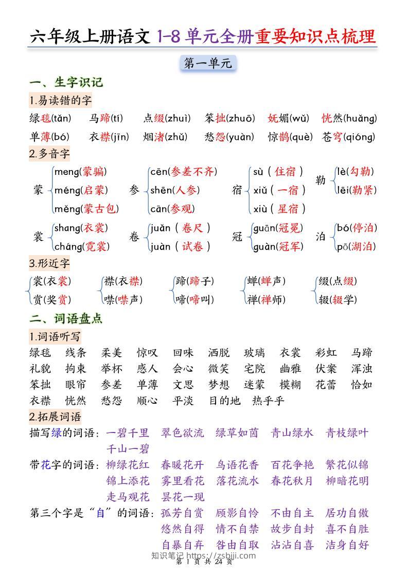 25秋六上语文1-8单元全册重要知识点梳理24页-知识笔记