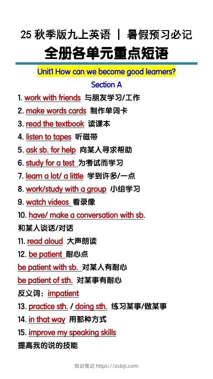 【2025秋新版】九上英语暑假预习必记：全册各单元重点短语-知识笔记