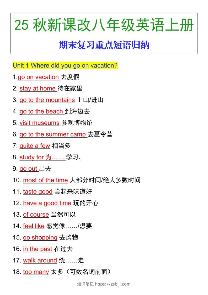 【2025秋新版】八年级英语上册期末复习重点短语归纳-知识笔记