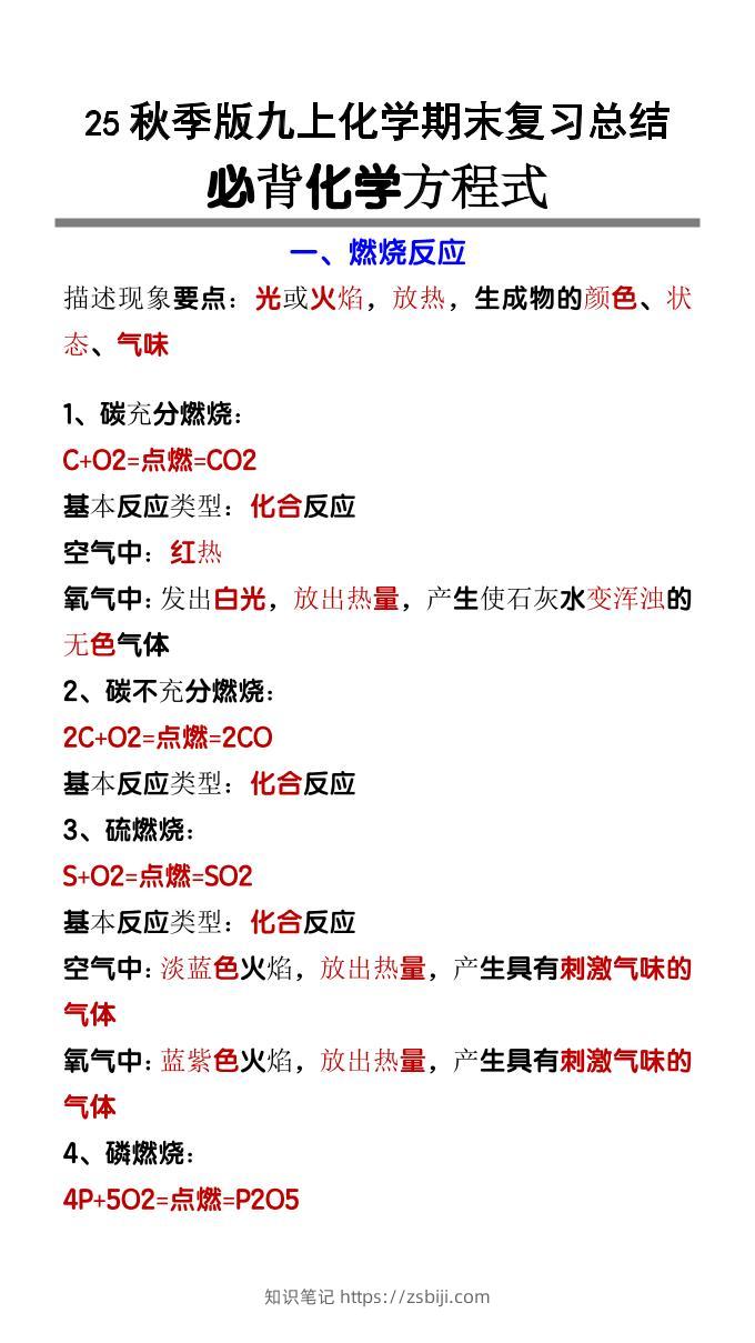 【2025秋新版】九上化学必背化学方程式-知识笔记