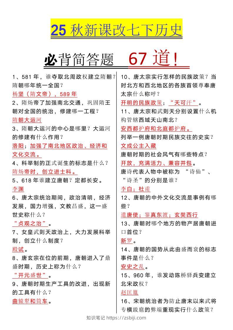 【2025秋新版】七年级下册历史必背简答题67道-知识笔记