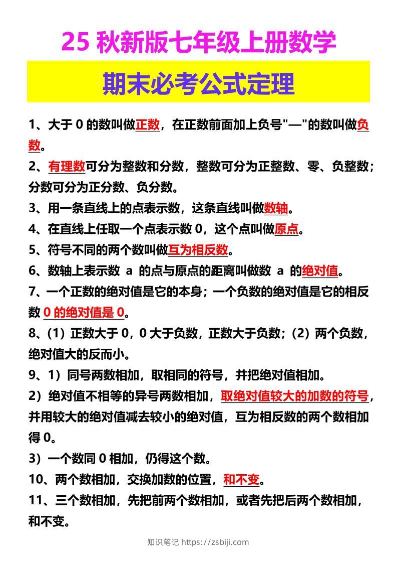 【2025秋新版】七年级上册数学期末必考公式定理-知识笔记