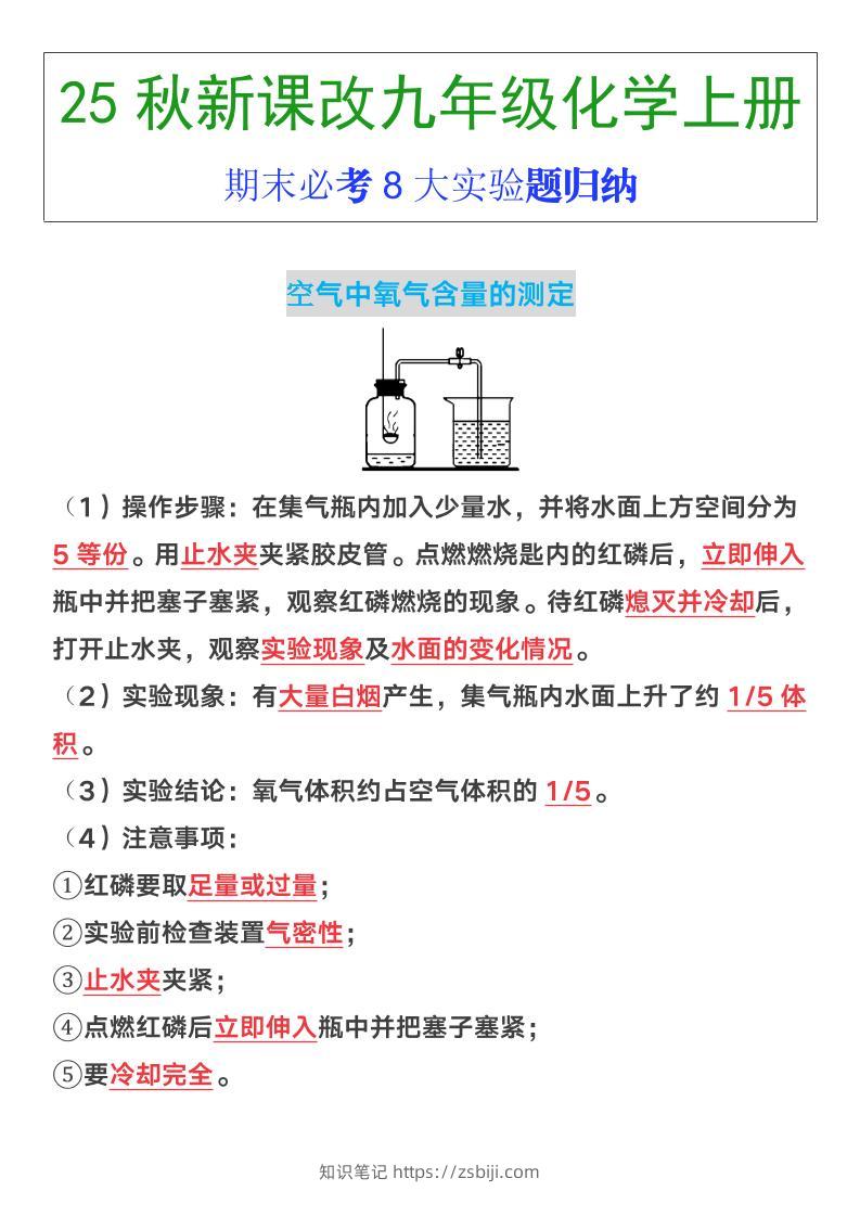 【2025秋新版】九年级上册化学期末必考8大实验题归纳-知识笔记