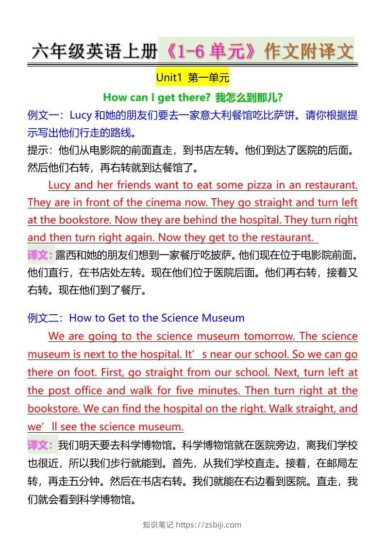 六年级英语上册《1-6单元》作文附译文-知识笔记