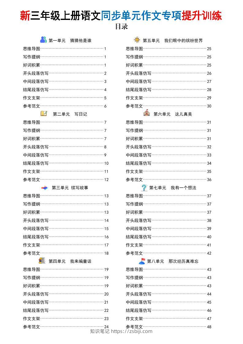 新三上语文同步单元作文专项提升训练（48页）-知识笔记
