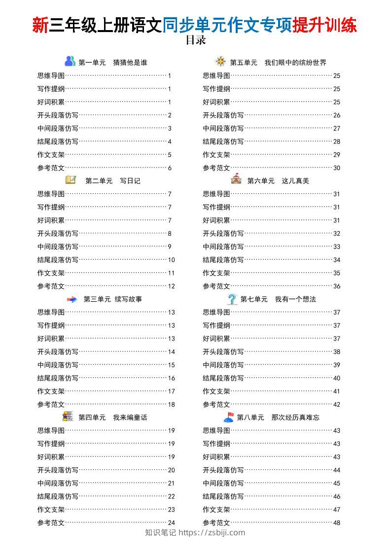 新三上语文同步单元作文专项提升训练（答案版48页）-知识笔记