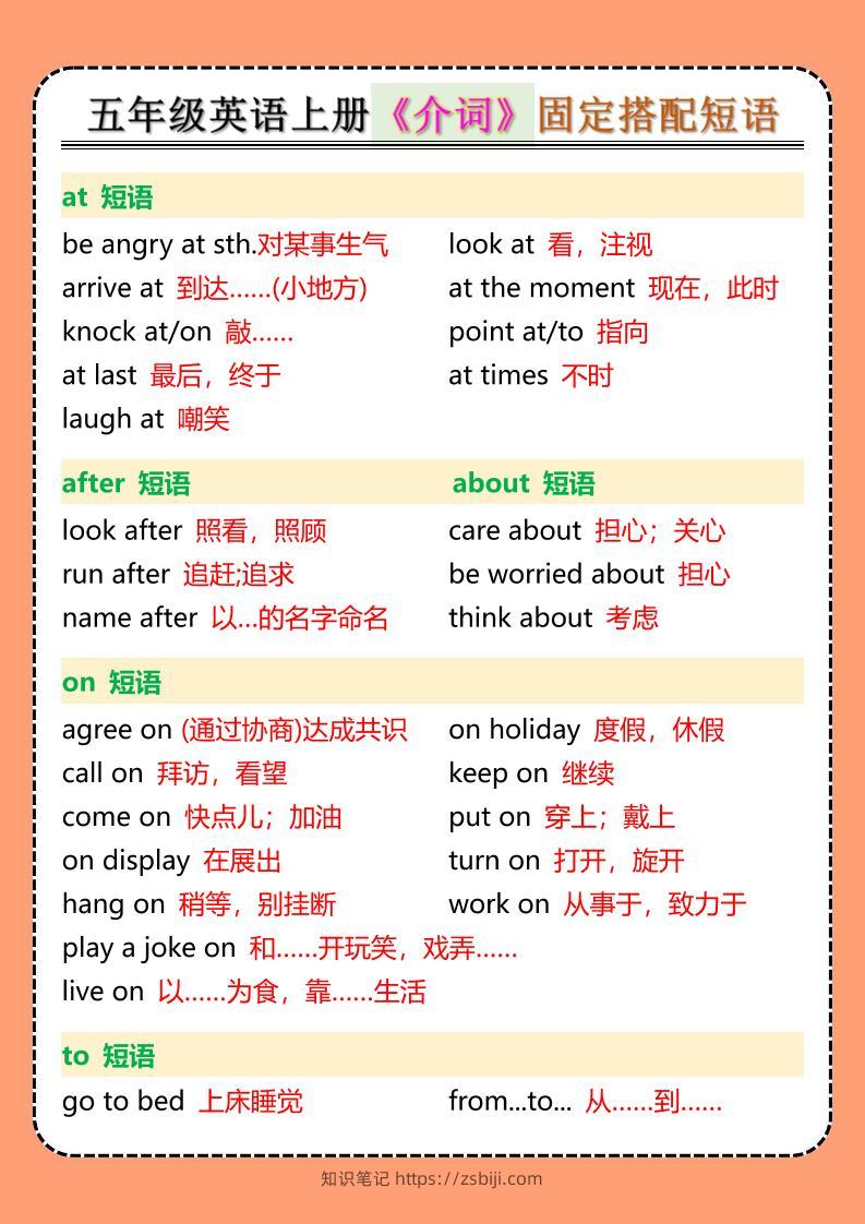 五年级英语上册《介词》固定搭配短语-知识笔记