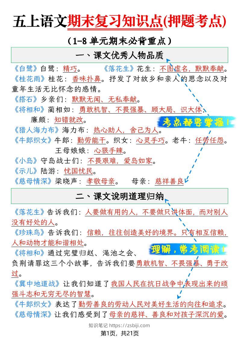 五年级上语文期末复习知识点(押题考点)-知识笔记