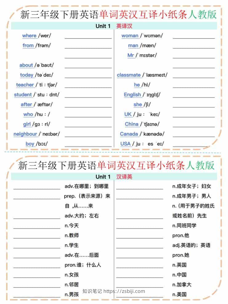 三年级下英语单词英汉互译小纸条《人教版》-知识笔记
