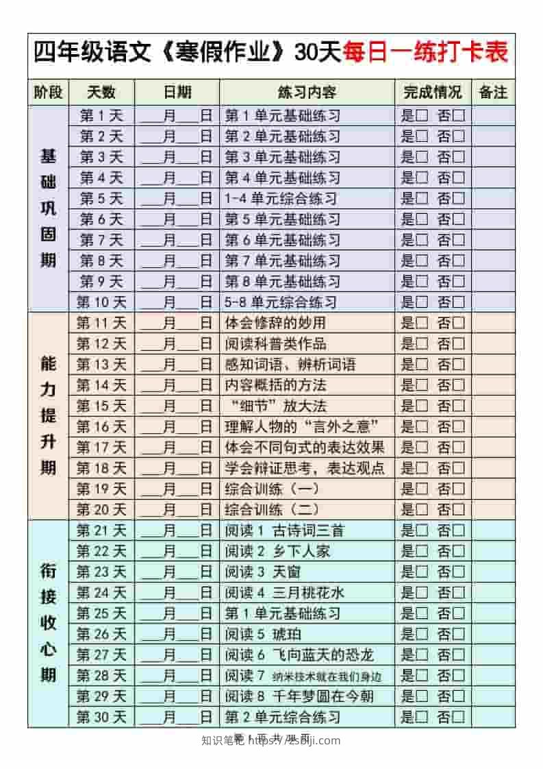 四年级下语文寒假作业每日一练30天-知识笔记