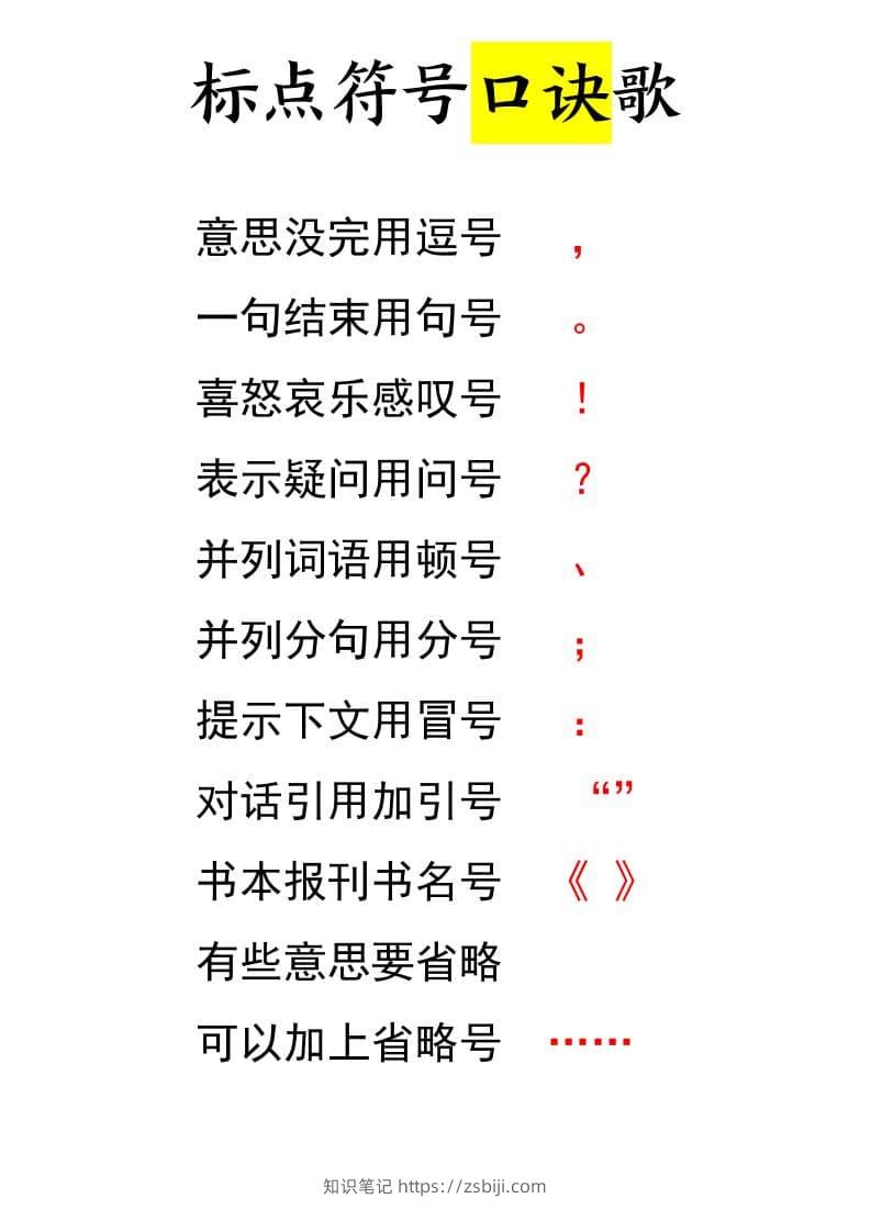 一年级下语文标点符号口诀歌-知识笔记