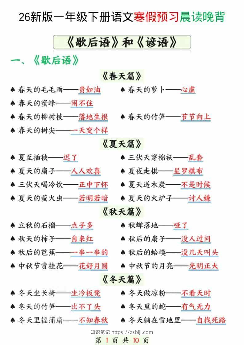 一年级下语文寒假预习晨读晚背（歇后语和谚语）-知识笔记