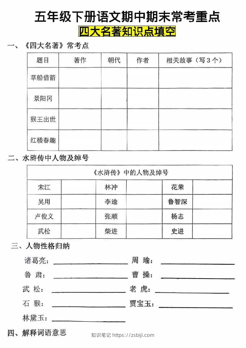 五年级下语文四大名著知识点填空-知识笔记
