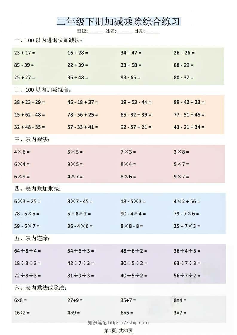 二年级下数学加减乘除综合练习-知识笔记