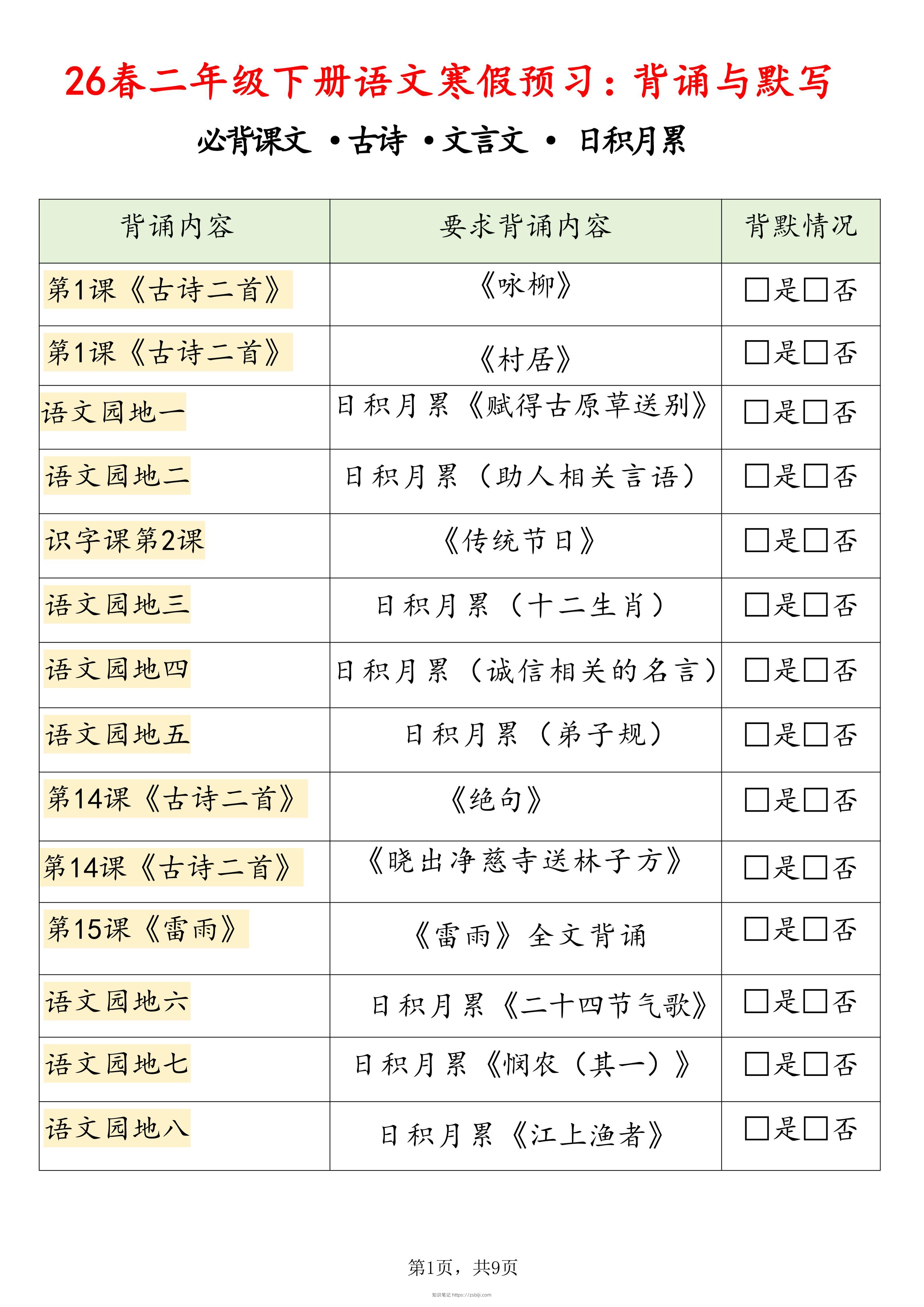 26春二下语文寒假预习背诵与默写（必背课文、古诗、文言文、日积月累）9页修订版-知识笔记