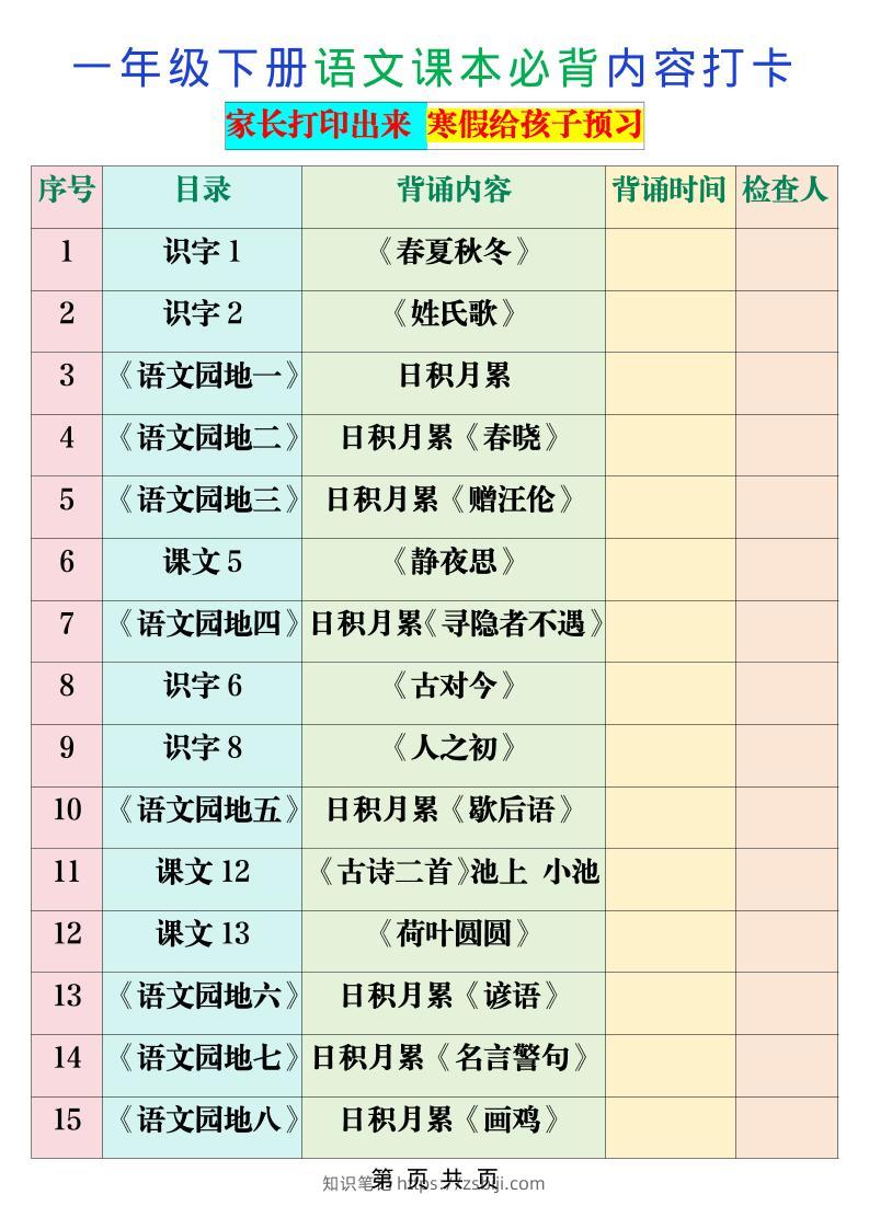 一年级下语文课本必背内容打卡-知识笔记