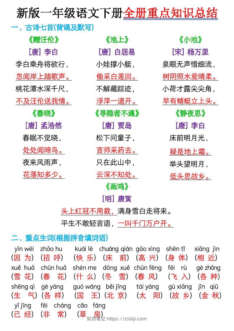 一年级下语文全册重点知识总结-知识笔记